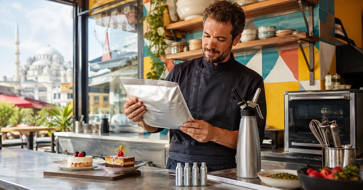 English-speaking chef checking local culinary supplies in an Istanbul café kitchen