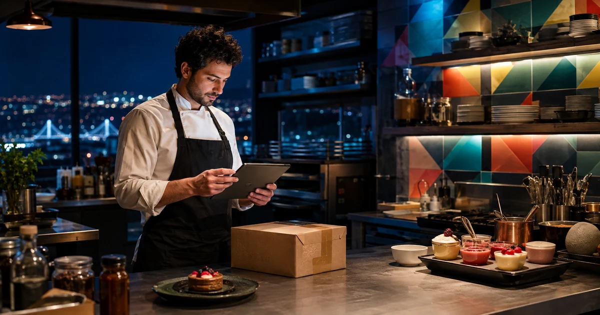 Night-shift chef checking culinary stock and delivery availability in an Istanbul kitchen